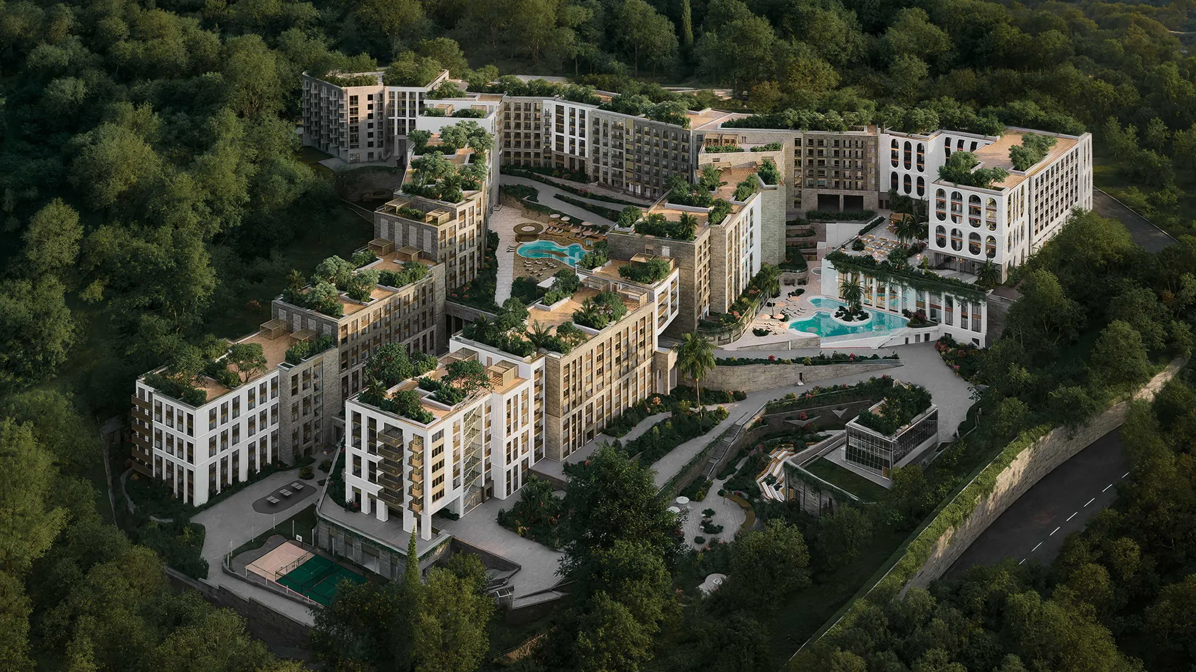 Курортный комплекс Сиалия среди зелёных склонов в Адлере